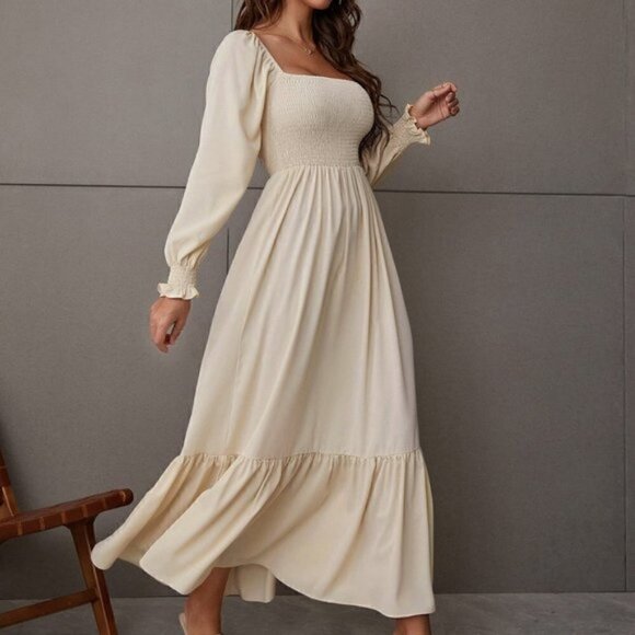 Apricot Boho Womens Square Neck Shirred Ruffle Hem Dress - Picture 3 of 5